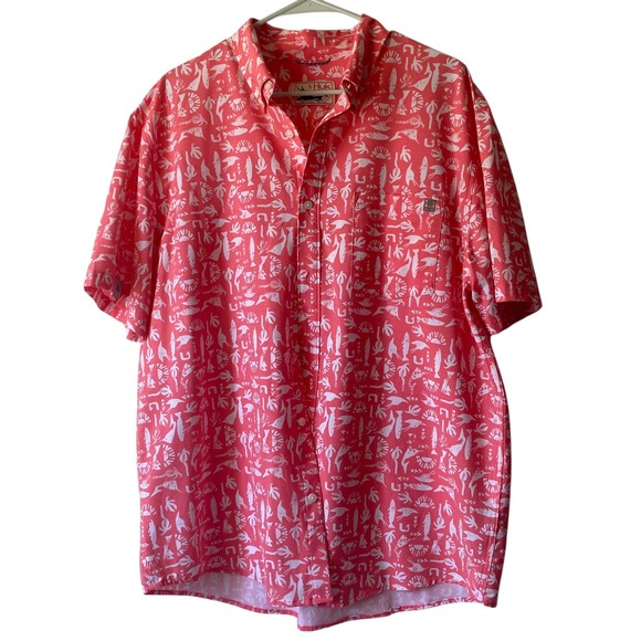 Huk Other - Huk Performance Button Up Fishing Shirt Nautical Fish Pink Coral Graphic Men XL